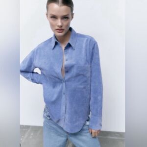 NWOT Zara Blue Corduroy Button Up Top Medium